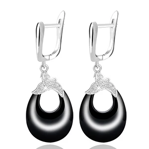 Black Новые серьги-гвоздики из керамики, роскошные u-образные серьги из нержавеющей стали, CZ Циркон, узор в виде листьев, изысканные элегантные ювелирные изделия, подарок для женщин и девушек - Окраска металла: Black