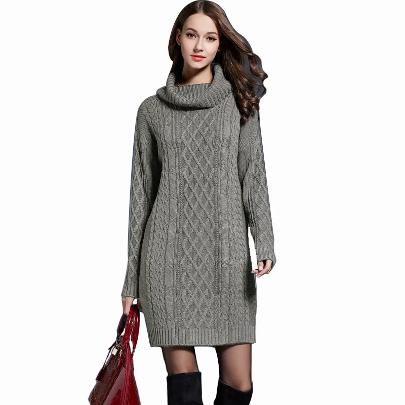 2020 зимнее вязаное крючком платье свитер женское трикотажное черное с длинным