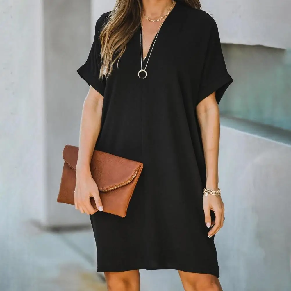 

Women Casual V Neck Short Sleeve Solid Color Loose Knee-length Office Dress
