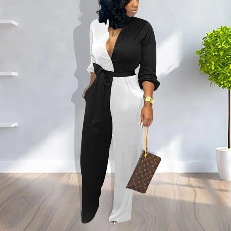 2019 черно-белый Асимметричный комбинезон с широкими штанинами женский элегантный
