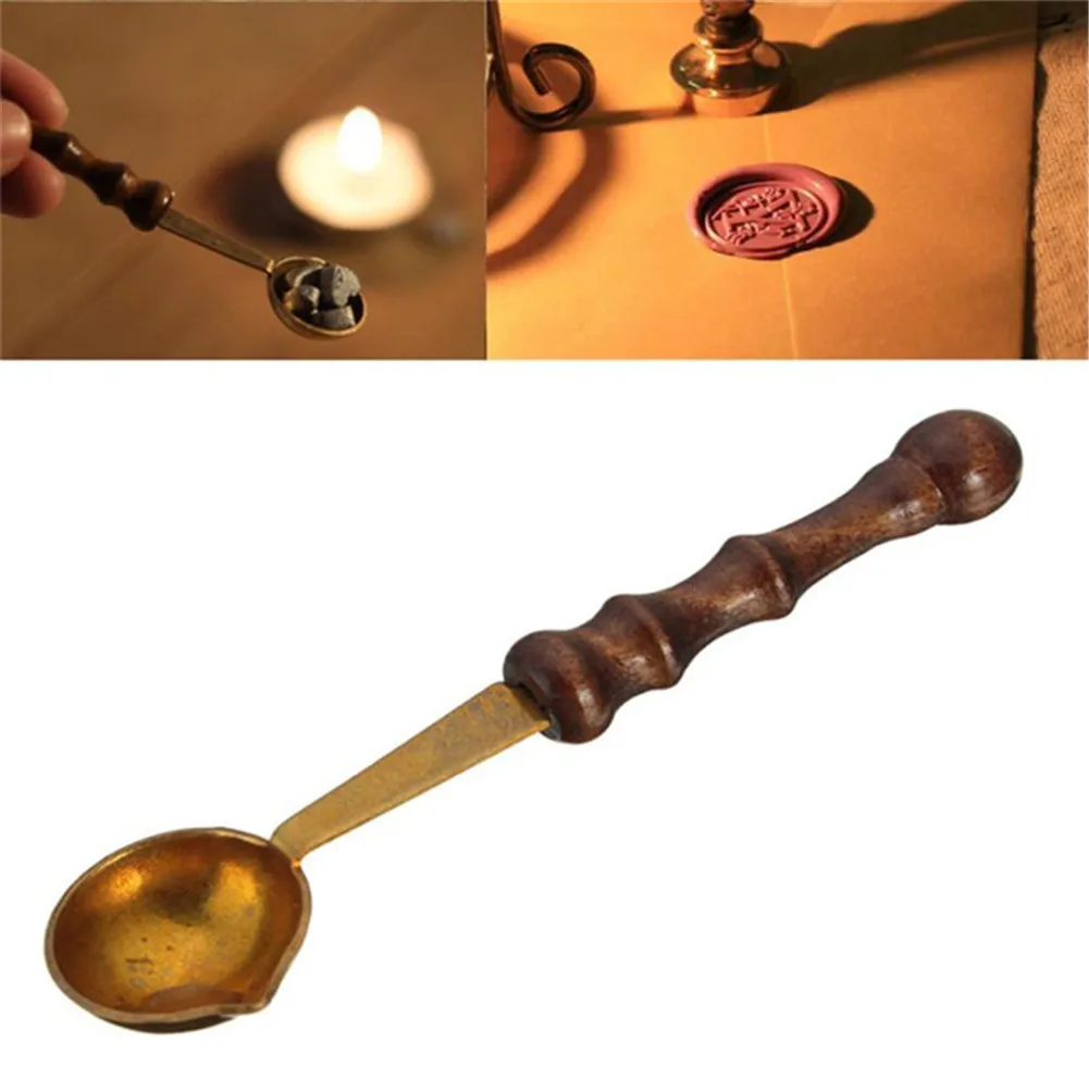 

New Coming Lovely Sealing Wax Brass Melting Spoon Wax Seal Vintage Wood Handle Melt Wax Melted Stamp Envelope DIY Tool