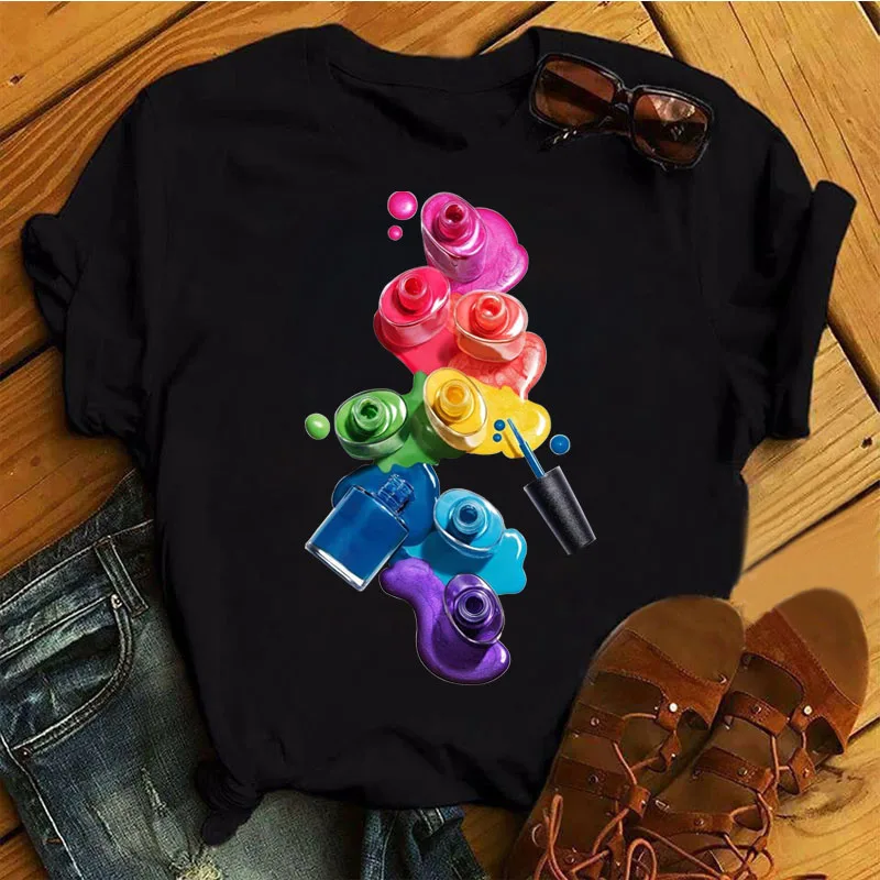 

Fashion Women Tshirt Colorful Nali Art T Shirt Black T-shirt Female Short Sleeve Tops Tee Printed T-shirt 90s Girls Cute Tshirt