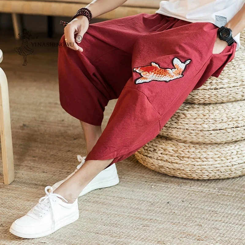 

Summer Men Carp Kimonos Japanese Style Harajuku Yukata Beam Feet Harem Pants Youth Casual Pants Asian Japan Print Male Costume