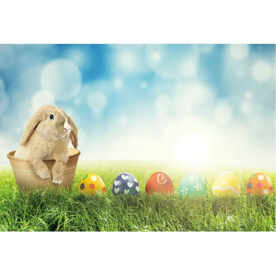 

Easter Backdrop Gray Rabbit and Colored Eggs on the Grass Photography Background Family Party Decor Photo Booth Studio Prop