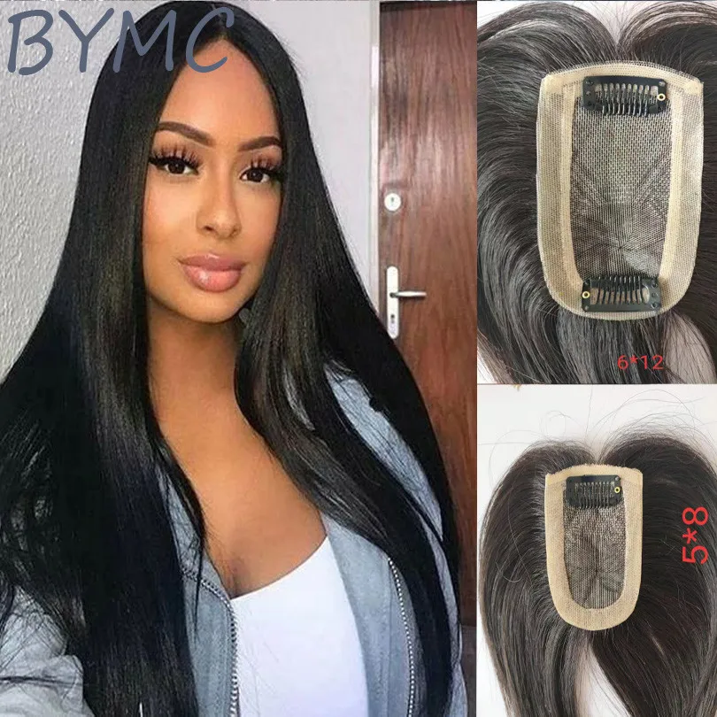 BYMC European Straight Human Hair Topper Wig For Women 6*12 Breathable MONO Base Lace With Clip In Hair Toupee Remy Hairpiece