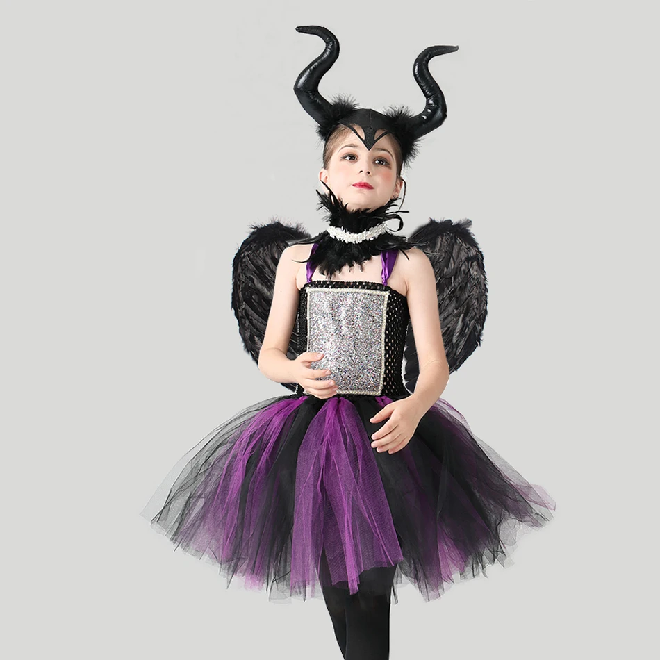 Малефисента платье-пачка для девочек костюмы на Хэллоуин платья ведьмы с рогами