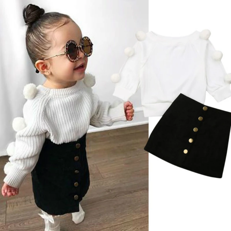 Одежда для девочек Новинка 2019 года Вязаный топ с помпонами маленьких + мини юбка