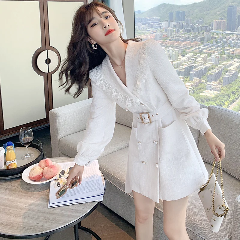 Temperament OL Short White Tweed Dress 2020 Autumn New Lace Trim Notched Double breasted Lantern Sleeve Blazer Dresses Women | Женская