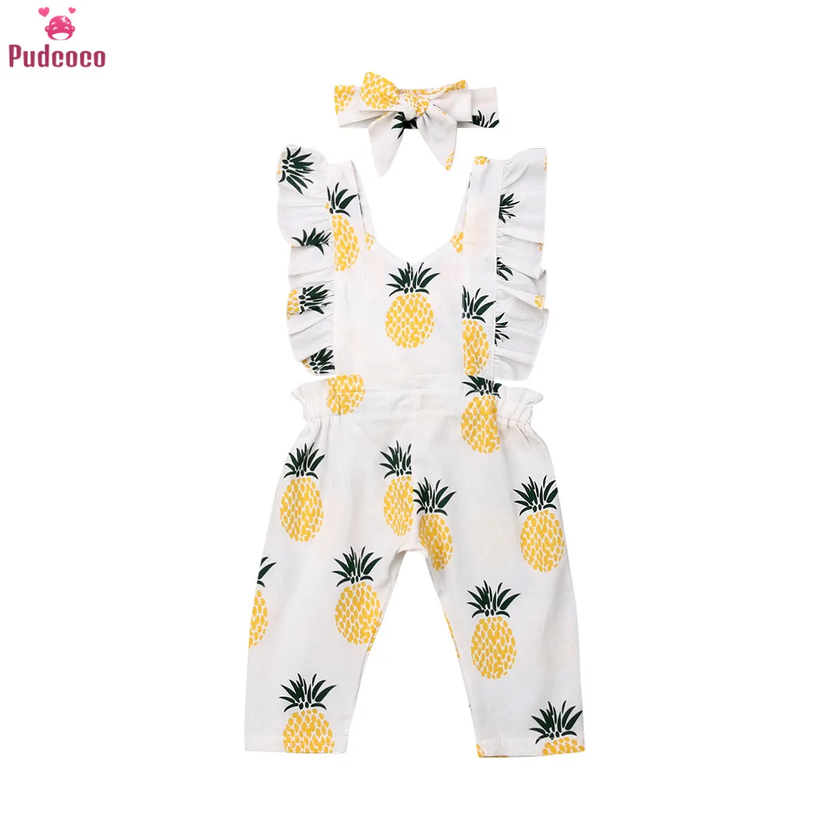 Pudcoco-ropa de verano para ni&ntilde;a peque&ntilde;a, Pelele con estampado de pi&ntilde;a y volantes sin leva, trajes de diadema, ropa de algod&oacute;n de 3 a 7 a&ntilde;os, 2020-0