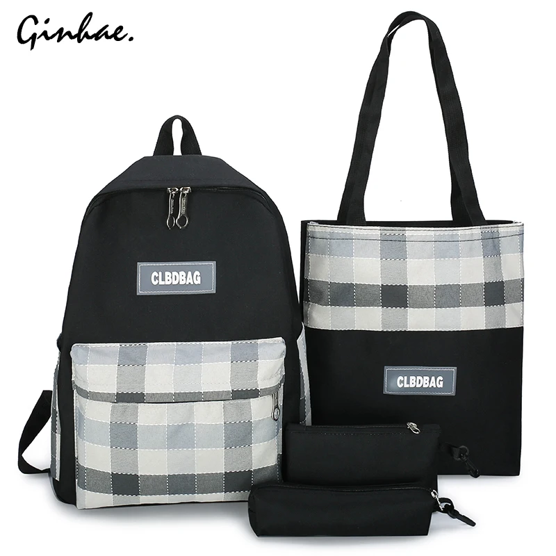 

4 Piece Set Girls Plaid Canvas Backpack Large Capacity Shoulder Bag Woman Solid Color School Bags Teenage Girl Travel Bagpack