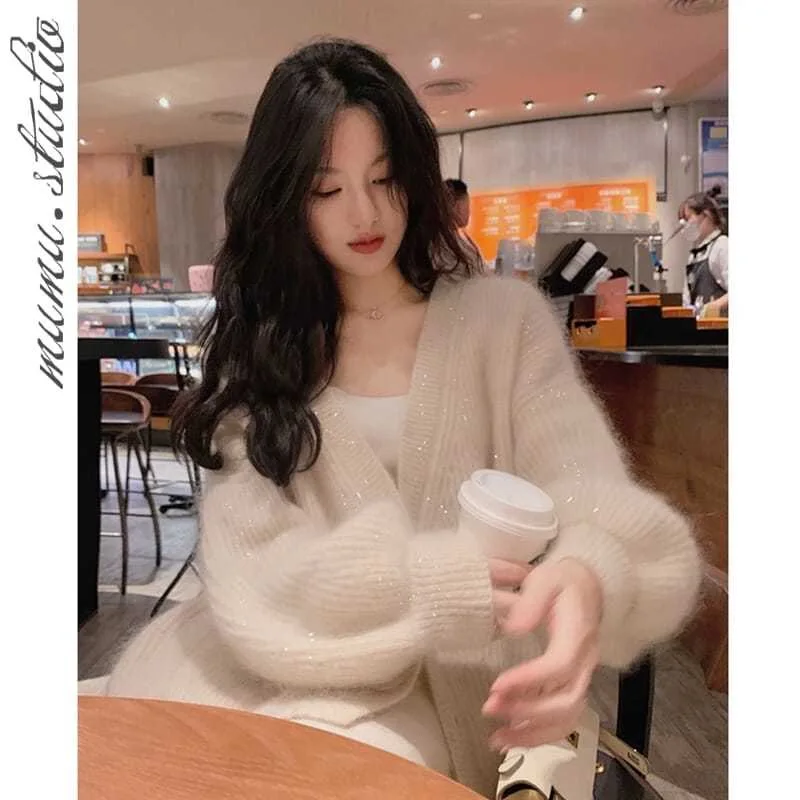 

Pink Elegant Knit Cardigan Woman 2021 Autumn Winter Loose Gentle Lazy Wind Bright Silk V-neck Single Breast Female Sweater