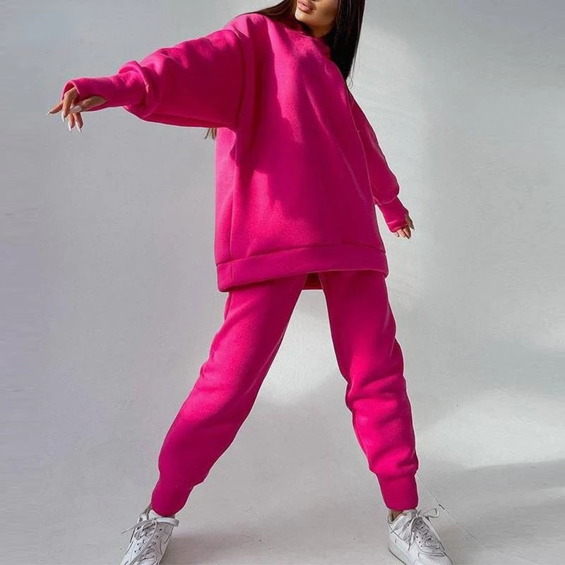 

2021 autumn and winter new style women's casual fashion hooded long sleeve finger leakage trousers fleece sweater two-piece set