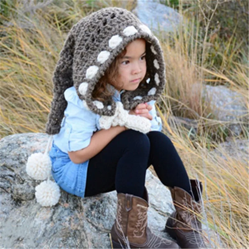 

Kids Winter Hats Handmade Crochet Elf Beanie Hat Children Warm Knitted Rainbow False Collar Elf Hat Hooded Cap Boy Girl Xmas Cap