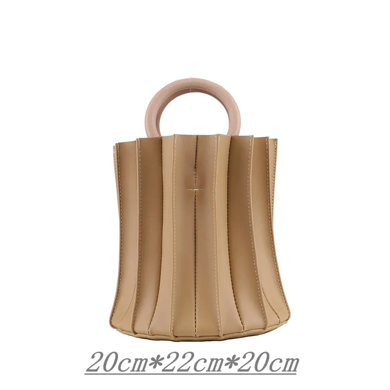 

2020 Women New Fashion Pleated Concise Elegant Wooden Ring Handle All-match Bag Bucket Bag Shoulder Bag Crossbody Office Daily