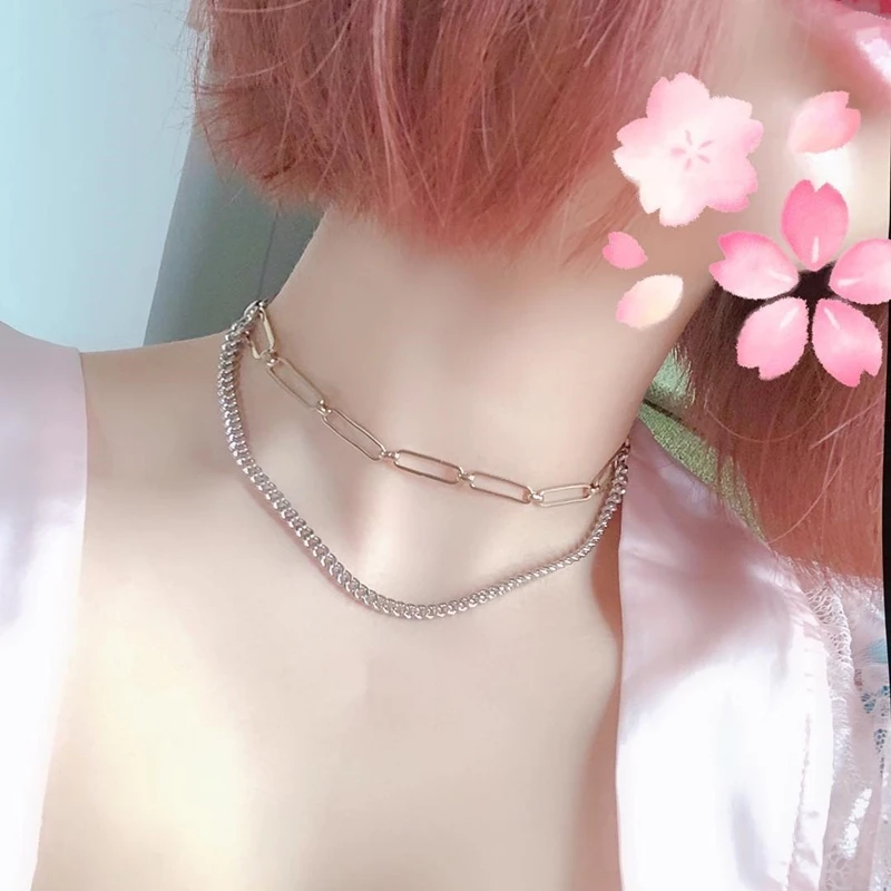 

Two color double layer stacked Necklace women cool hip hop fashion personality Necklace collarbone chain 2019 NEW