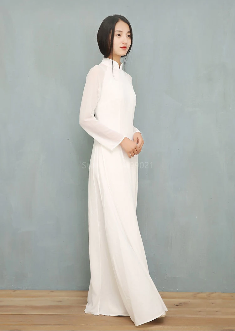 Vietnam Ao Dai White Solid Chiffon Perspective Dress for Woman Chinese Cheongsams Full Sleeve Female Oriental Dress