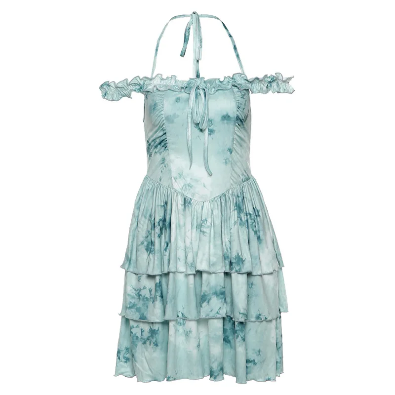 

Ruffles Pleated Off Shoulder Dress Halter Bandage Three Layers Backless Sexy Dresses Women High Waist Streetwear Missnight