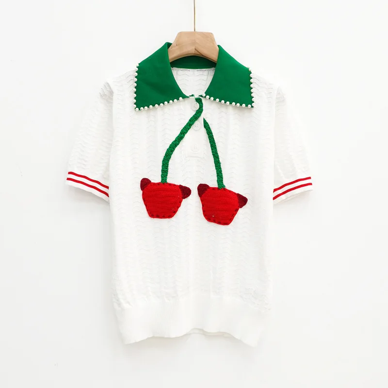 

2021 spring and summer new Qiao Xin star with pearl collar lapel hand hook abstract cherry short-sleeved sweater women