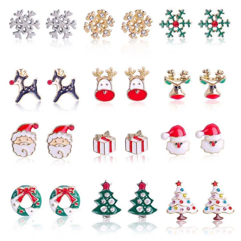 Santa Claus Stud Earring Silver Color Small Snowflake Ear Studs Cartoon Christmas Tree Earrings for Girls Christmas Gifts