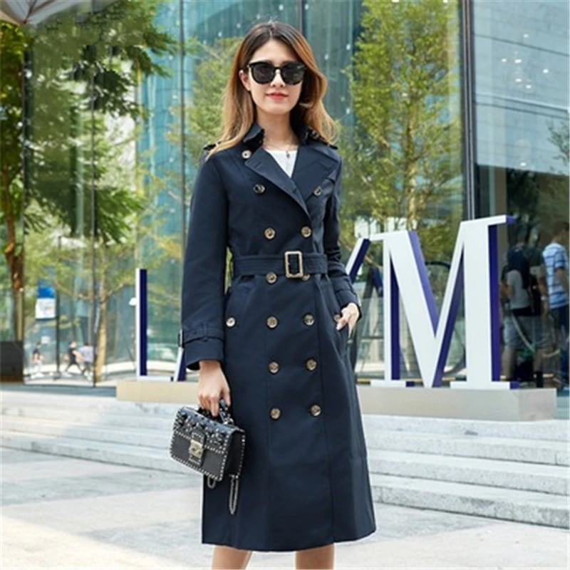 Женский двубортный Тренч средней длины приталенный плащ цвета хаки с поясом и