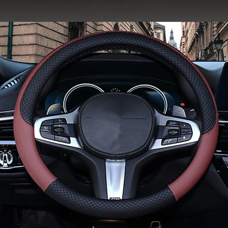 Кожаный красочный чехол на руль украшения автомобильные аксессуары украшения четыре сезона универсальный 36-38 см спортивный нескользящий - Название цвета: Deep Red