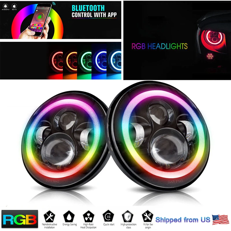 Пара 7 &quotдюймовый RGB светодиодный фары 120 Вт дальний и ближний свет с ангельскими