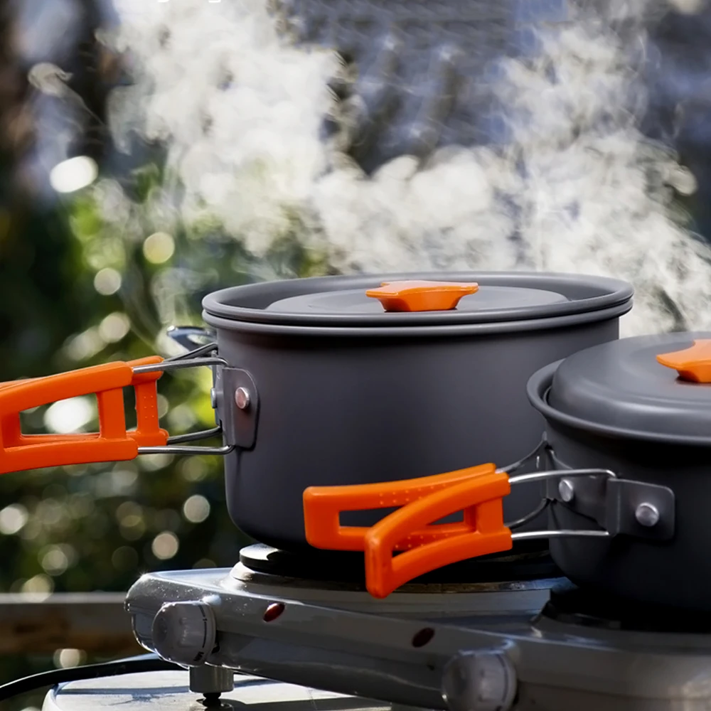 

Portable Camping Cook Cooking Cookware Set Outdoor teapot set pot with cutlery Anodised Aluminium Pots Pans Kettle Use 3 people