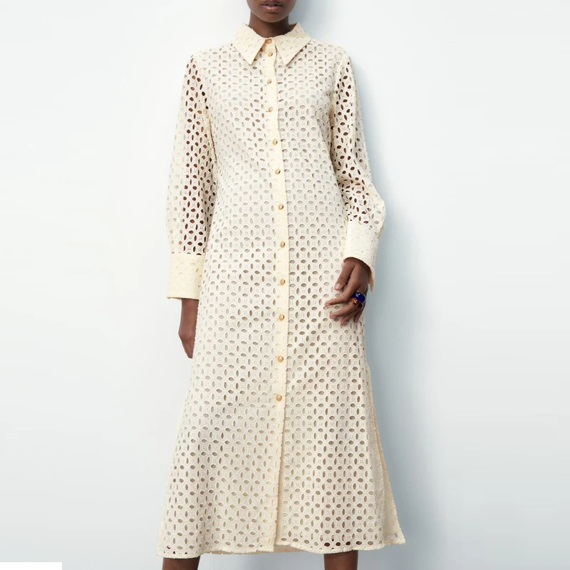 

2021 Spring Summer Women Sexy Hollow Shirt Midi Dress Chic Embroidery Long Sleeve Elegant Party Dersses Ladies Vestidos