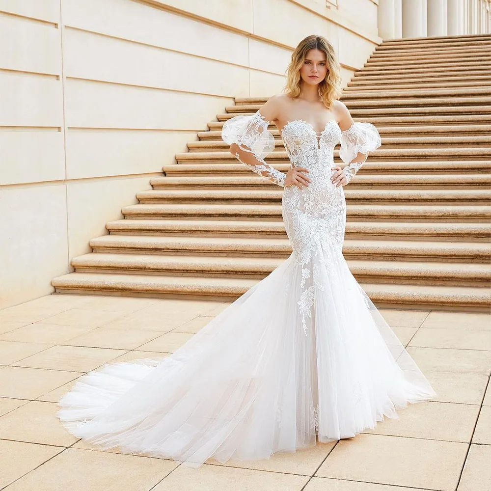 

Sevintage Exquisite Mermaid Wedding Dresses Lace Appliques Puff Sleeves 3D Flowers Bridal Dress Beach Bride Gowns 2022
