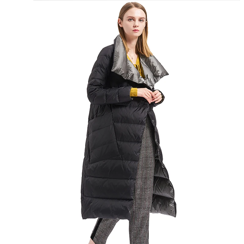 

FAKUNTN Women 2020 Winter Double Sided Down Long Jacket Turtleneck White Snow Duck Down Parkas Double Breasted Warm Coat Outwear