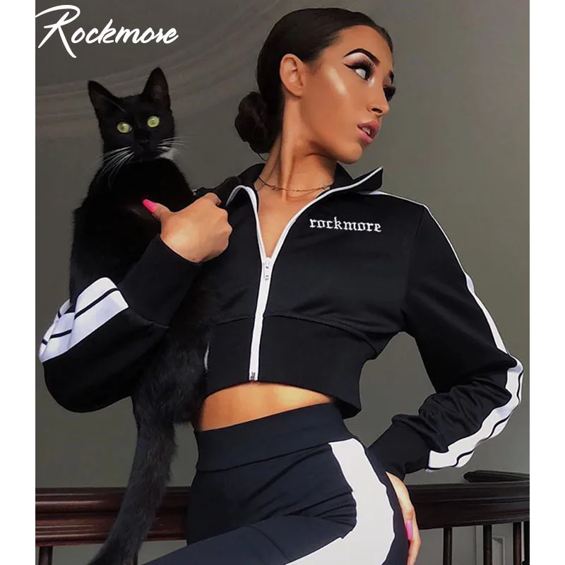 Rockmore Черная куртка на молнии с длинным рукавом для женщин корейский стиль Harajuku контрастный цвет письмо вышивка куртки осеннее пальто Femme