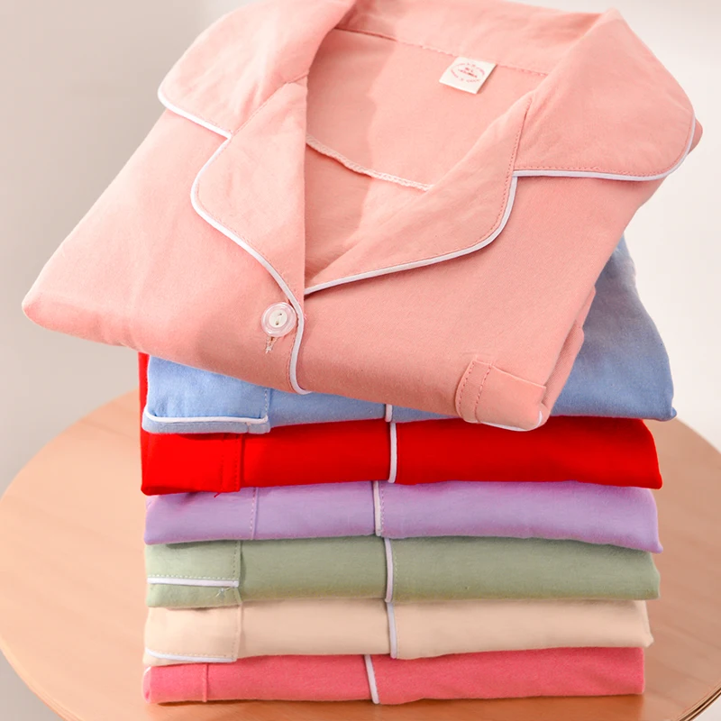 

Autumn 100% Cotton Pajamas Women Soild Red Pijamas Dormir Lounge Sleepwear for Ladies Winter Nightgown Pure Cotton Pyjamas PJs