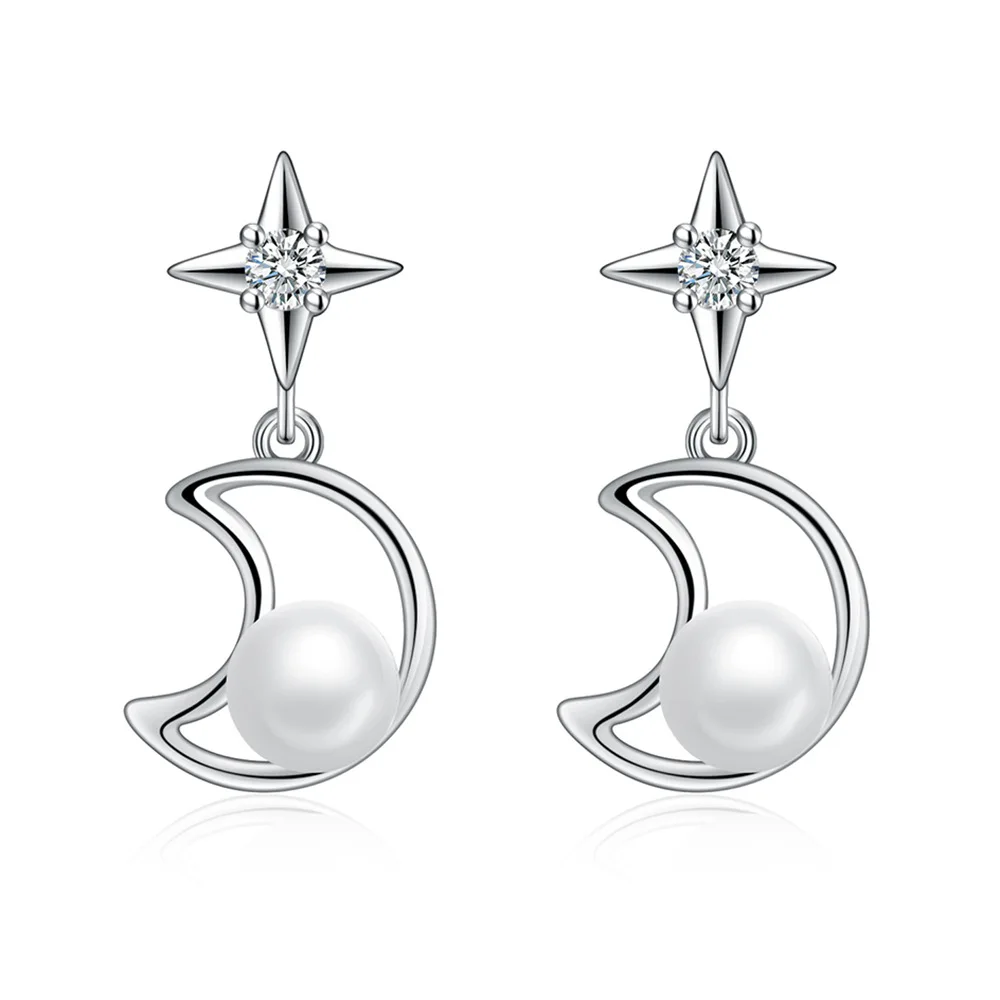 

star moon imitation pearl earrings female silver-plated fashion jewelry quality lovers gift girl zircon stone personality trendy