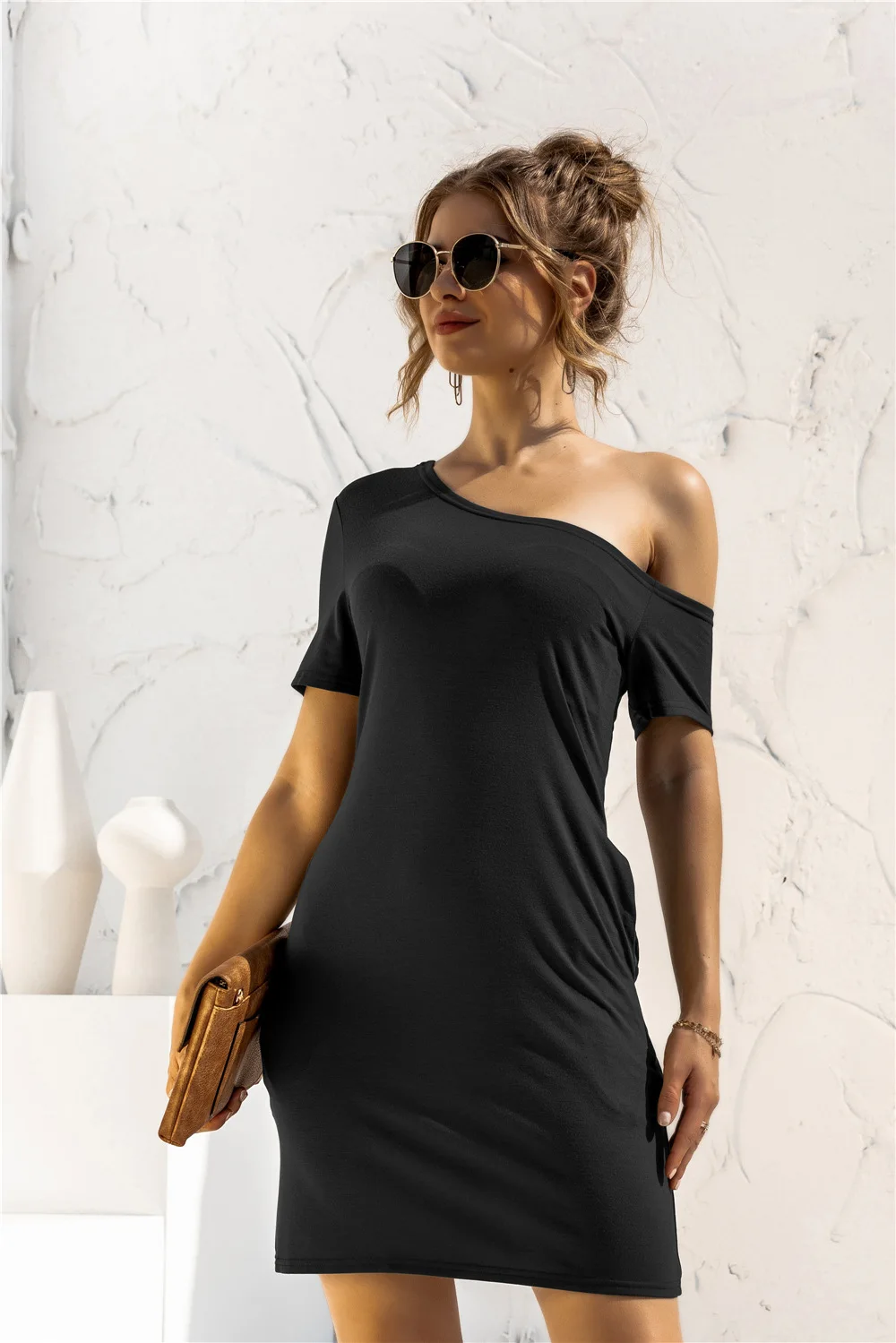 

Sexy Off Shoulder Short Sleeve Bodycon Mini Dress Elegant Solid Color Casual Slim Package Hip Party Vestidos Female Summer 2021