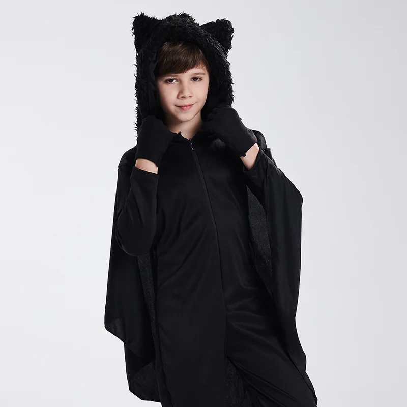 Черный костюм летучей мыши для мальчиков и девочек Комбинезон с капюшоном на