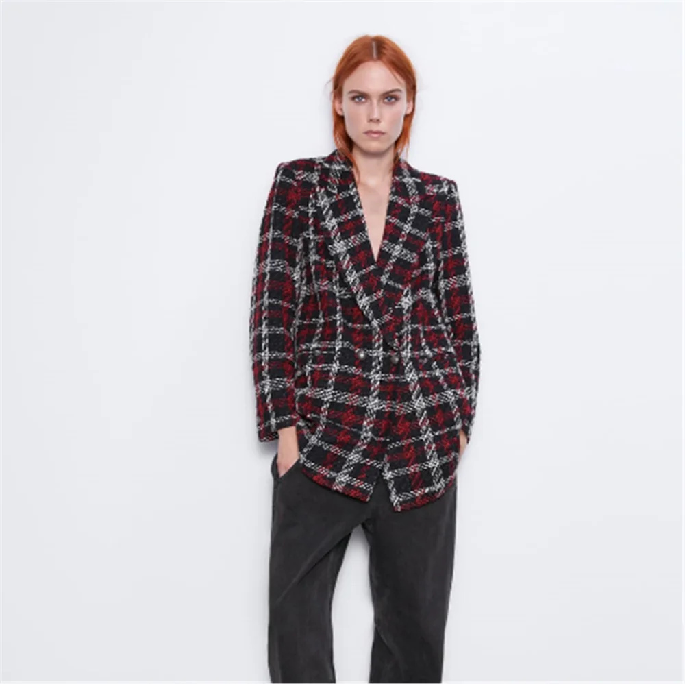 2019 ZA женский костюм модный новый осенний клетчатый двубортный Блейзер богемная