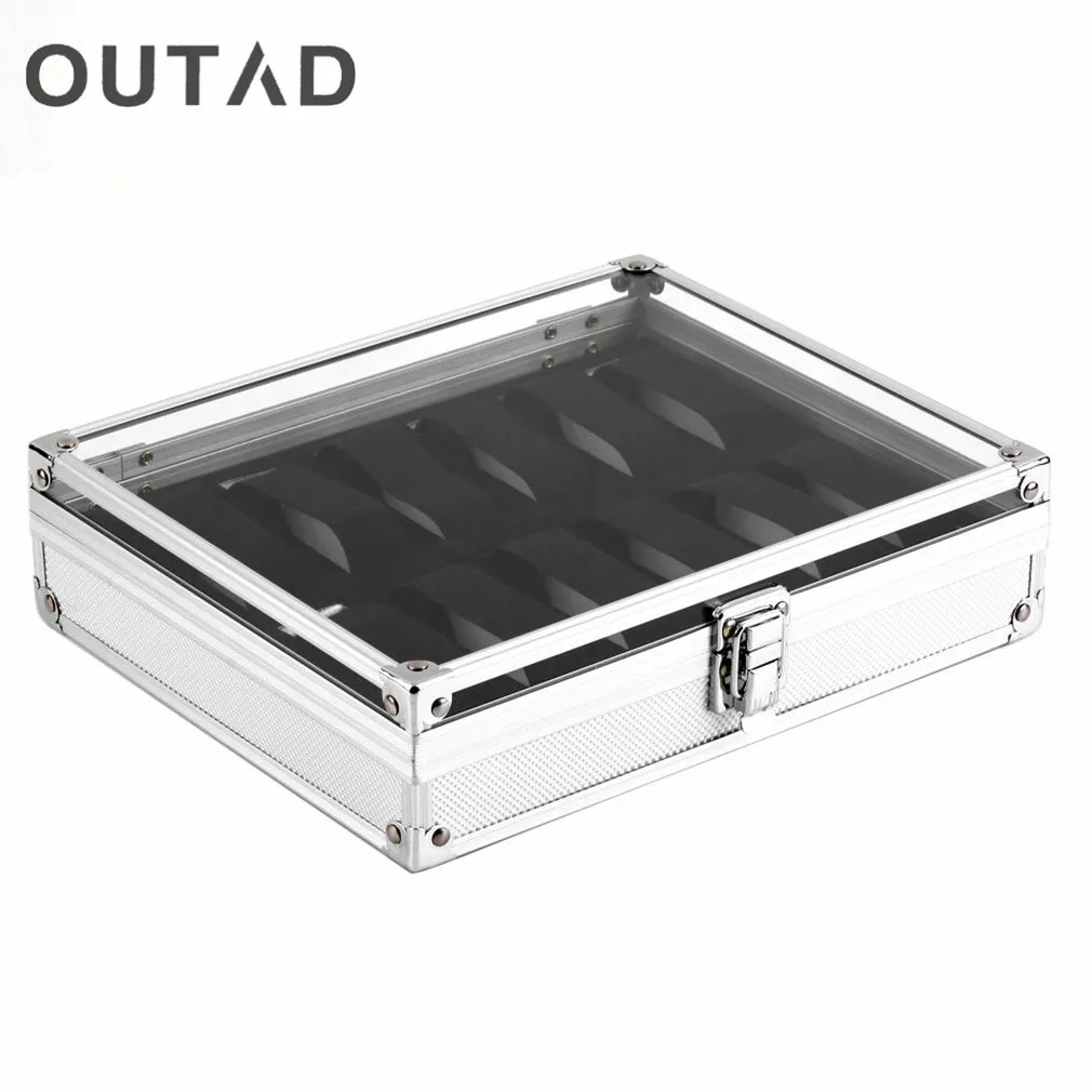 

OUTAD 12 Grid Slots Jewelry Watches Display Storage Square Box Case Aluminium Suede Inside Holder Luxury Gift Winder Organizer