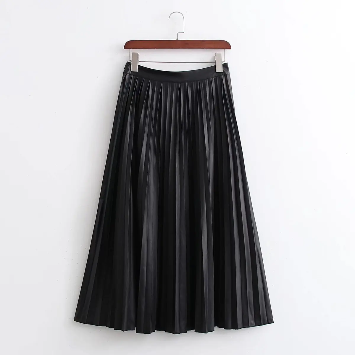 

long Pu leather pleated skirt women casual streetwear black skirt high waist long skirt