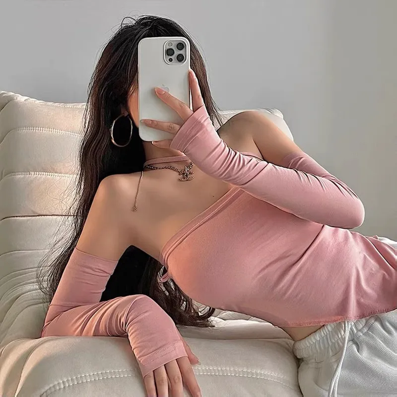 

Autumn Winter Jumper Halter Neck Off The Shoulder Long Sleeve Top Fashion Blouses Asymmetrical Tshirt Womens Tee Shirts Crop Top