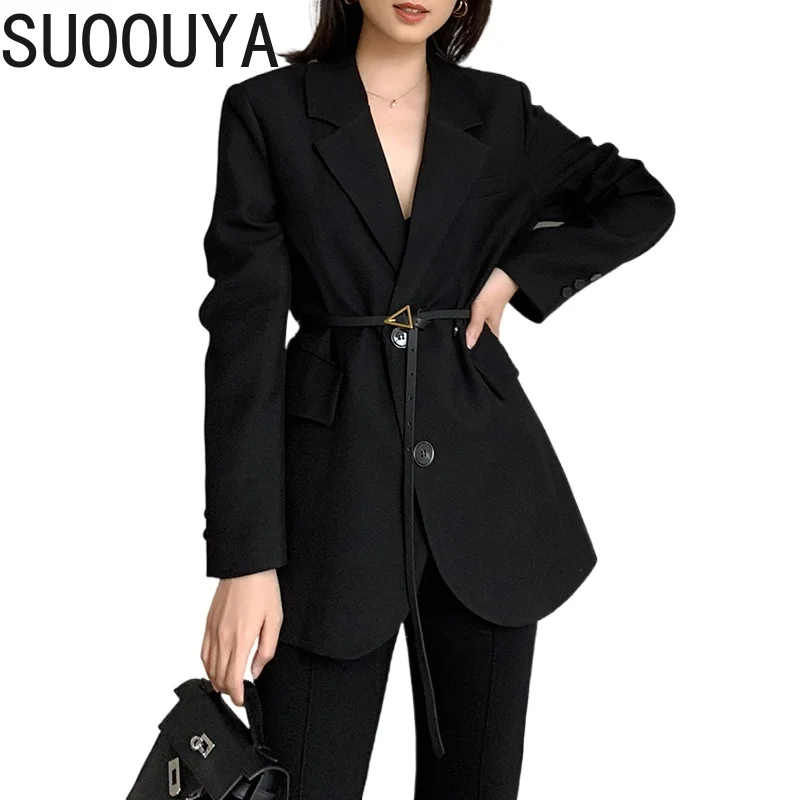 

[SUOOUYA] Women Elegant Black Blazer New Notched Collar Long Sleeve Loose Fit Jacket Fashion Tide Spring Autumn Clothing 2021
