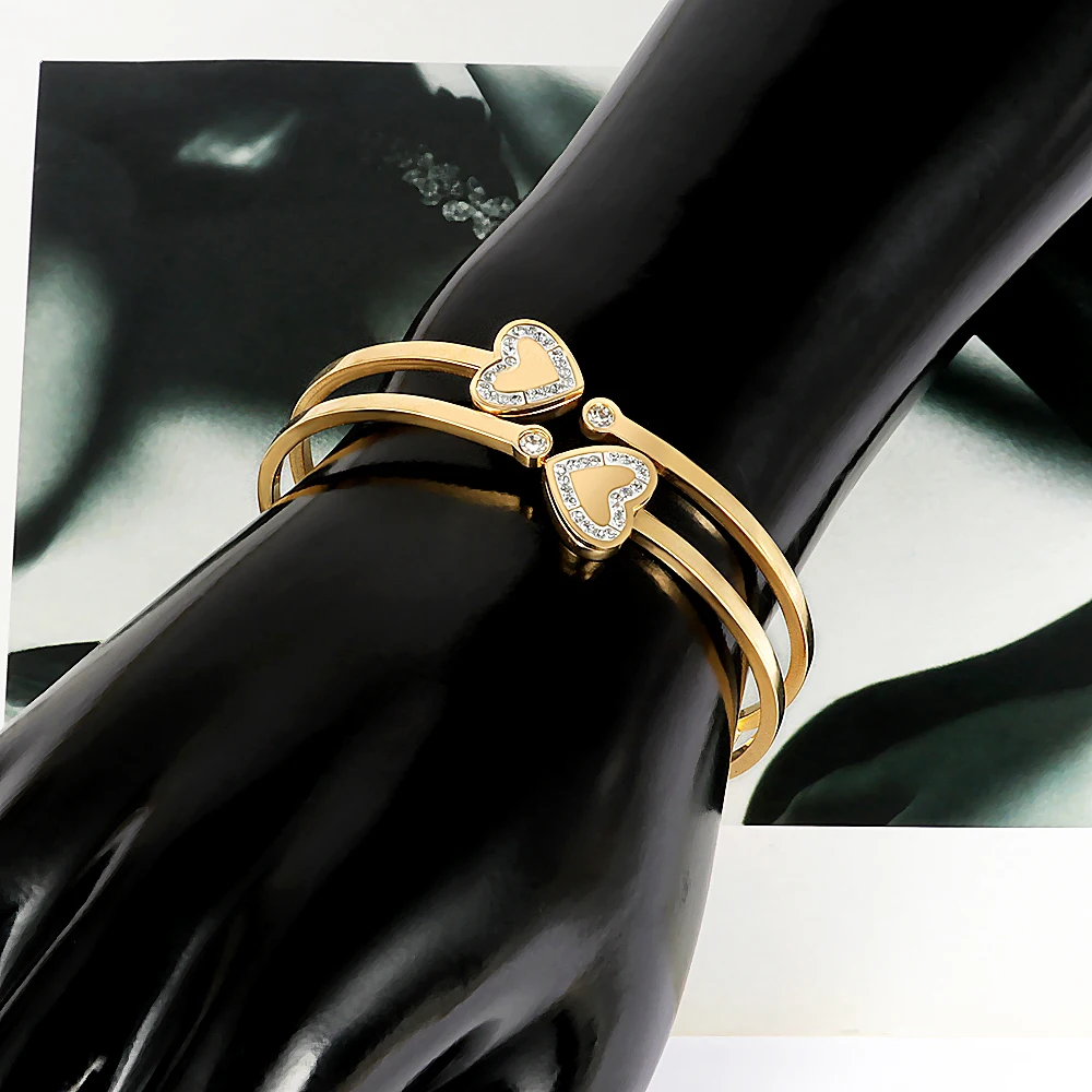 

FYSARA Double Lover Heart Bracelet For Women Stainless Steel Bangle Rose Gold Color Fashion Charm Bijoux Bangle Jewelry For Lady