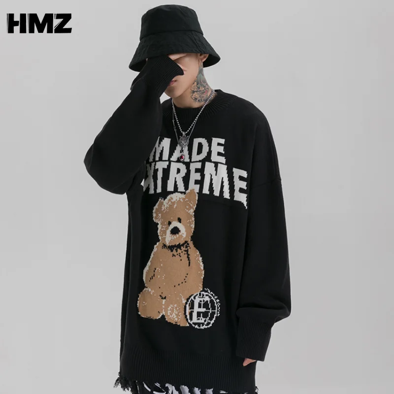 

HMZ New Casual High Street Pullover Bear Knitted Sweater Autumn Winter Loose O-neck Warm Pullover Couple Sweater Hip Hop Men