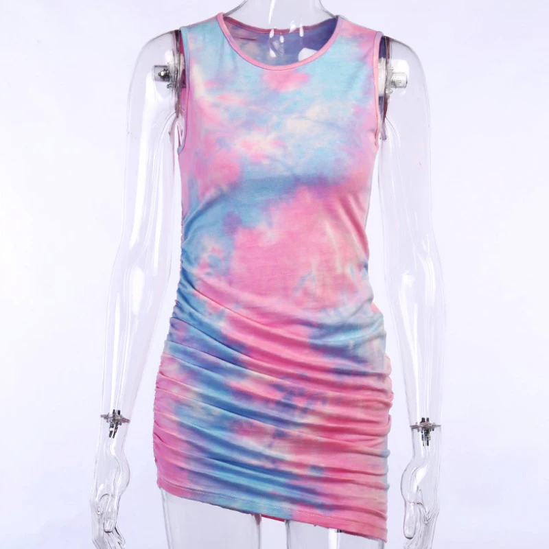 

Women Party Sexy Dress Pleated Stretch Short Club Dress O Neck Knit Tank Short Women'S Summer Sleeveless Breathable Dresses