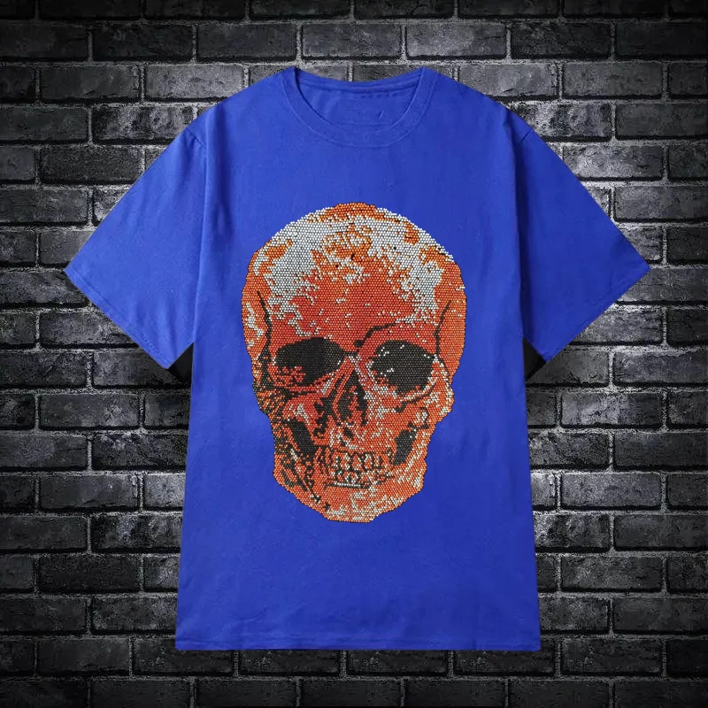 

European Hot Summer Men's T-Shirt Fashion New Technology Drilling Skull Short Sleeve 100% Cotton Personality Bottoming