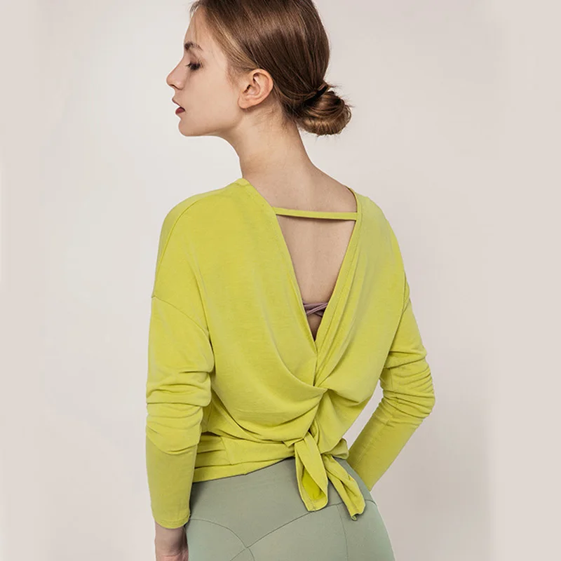Chartreuse Long Sleeve Women Yoga Tops Open Back Running Clothes Pilates Loose Workout Sportswear Quick Dry Dance Shirts for Gym Fitness - Цвет: Chartreuse
