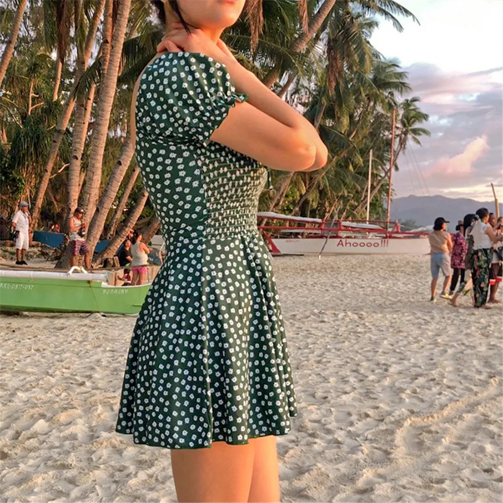 Skirt One Piece Swimsuit Women Dot Swimwear Ruffle Monokini Push Up Pad Swim Suit Korea Bathing Short Sleeve Pleated Green |