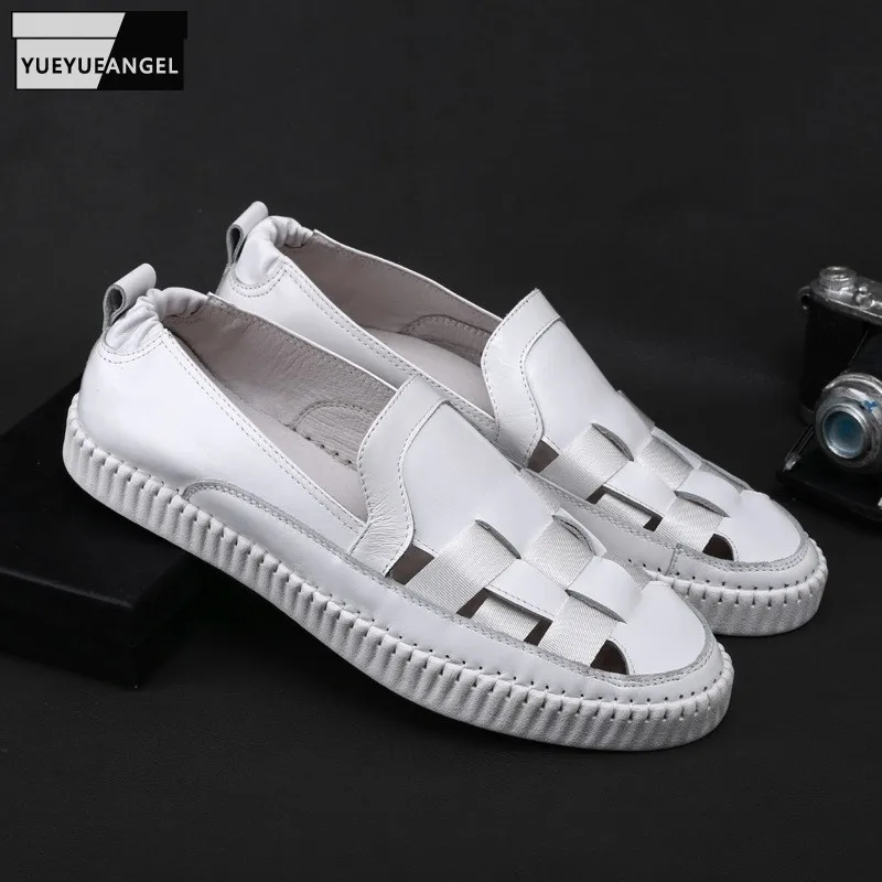 

Новая летняя мужская обувь из натуральной кожи; Сандалии-гладиаторы, украшенные плетением и перфорацией ботинки без шнуровки обувь для муж...