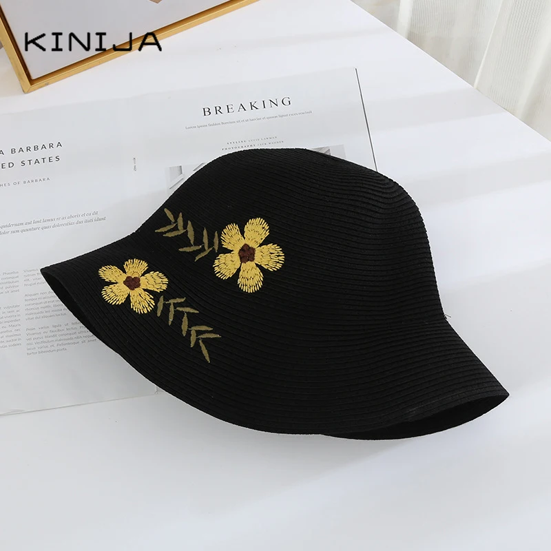 Женская соломенная шляпа с цветочной вышивкой Пляжная складная от солнца УФ