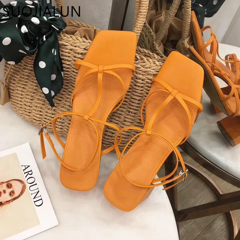 Сандалии SUOJIALUN женские на высоком квадратном каблуке повседневные