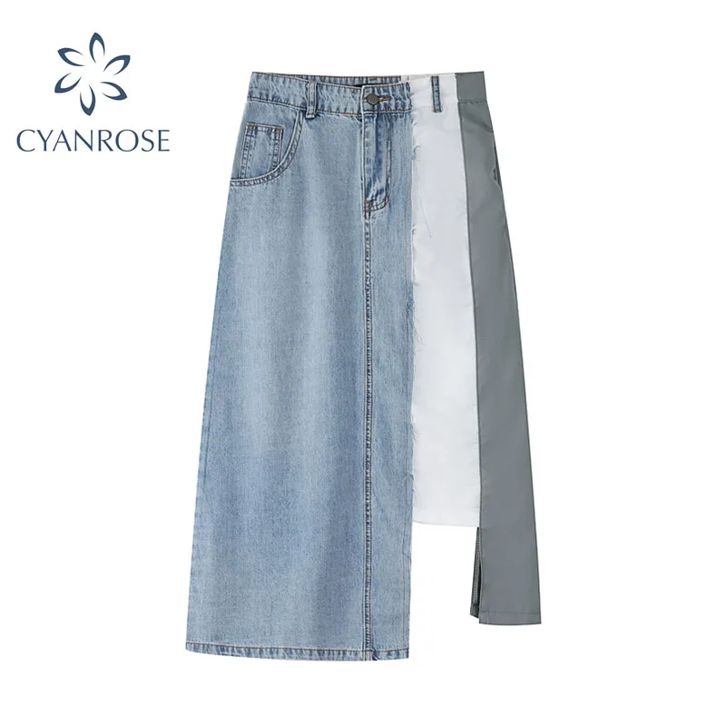 Женская длинная джинсовая юбка составного кроя прямая винтажная макси из денима